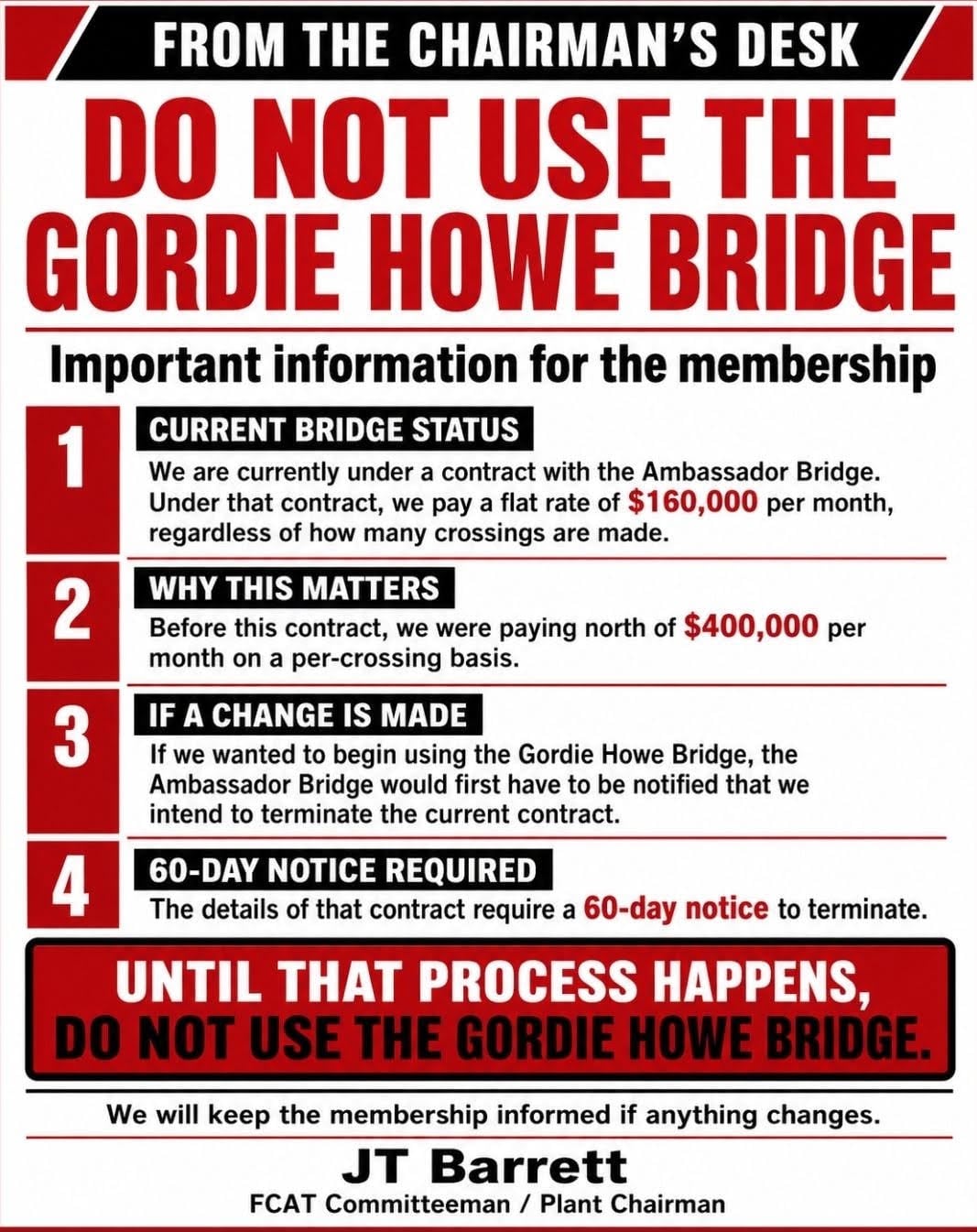 a poster telling drivers not to use the Gordie Howe bridge