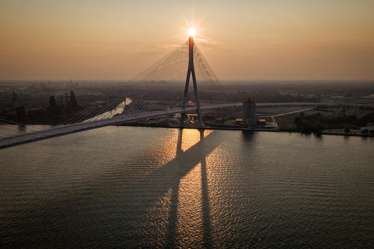 The first wave of vehicles cross the newly-opened Gordie Howe International Bridge, connecting Windsor, Ont., and Detroit, Mich., on July 27, 2026.