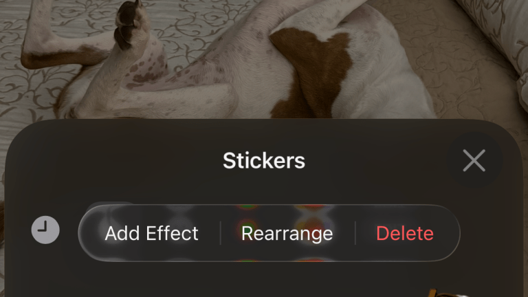 The iPhone stickers drawer with the Add Effect, Rearrange and Delete options showing.