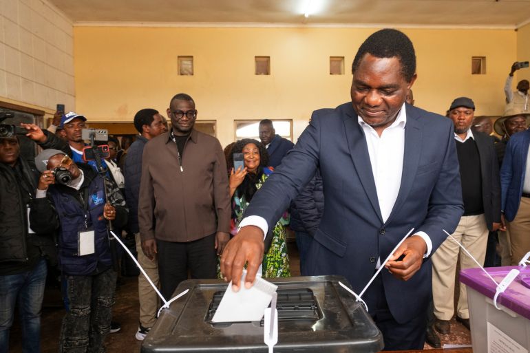 President Hakainde Hichilema casts his ballot at a polling station in Lusaka on August 13, 2026, during the country’s presidential election [Anita Reed/AP]