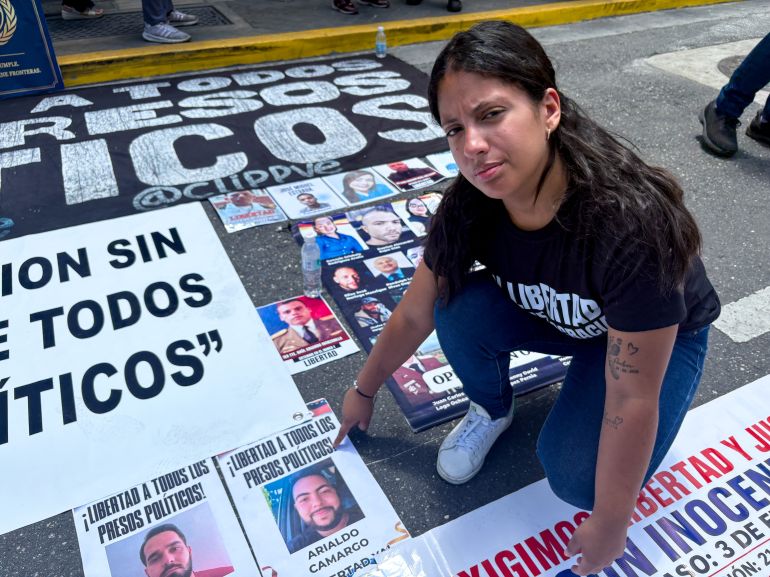 Aranza Hernandez attends a protest in Caracas that called on the negotiations to take into account Venezuela's political prisoners