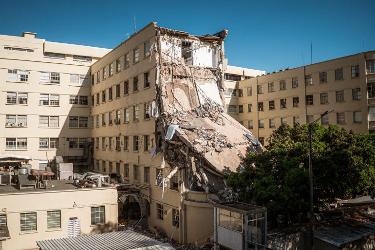 A collapsed section of the University Hospital of the Valle Evaristo Garcia in Cali, which was damaged by the earthquake on August 10 [Euan Wallace / Al Jazeera]