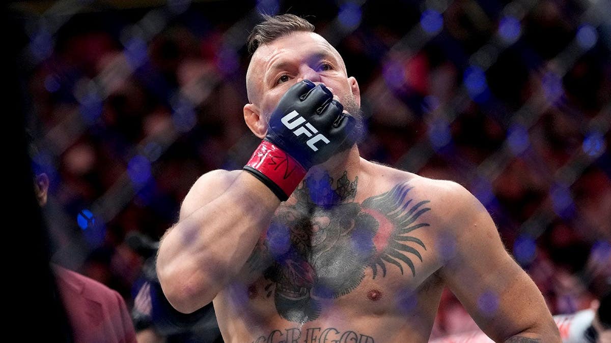 Conor McGregor reacts after a fight in Las Vegas.