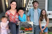 Collage of a woman with two young children, a boy and a girl, and a large commercial fire.