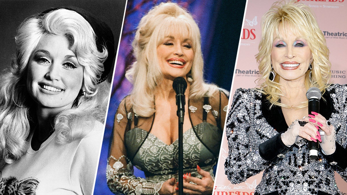 A three-way split of Dolly Parton through the years.
