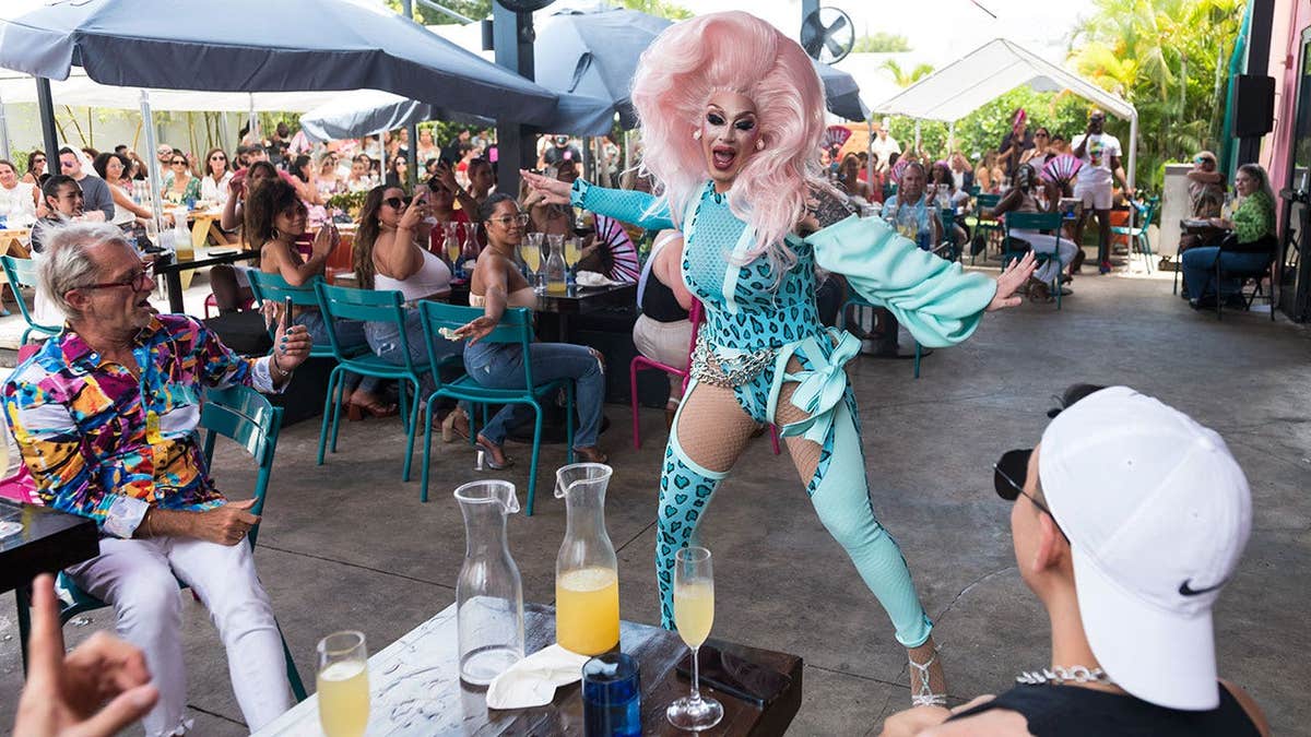 Drag performer performs at Drag Brunch at R House Wynwood during Wynwood Pride in Miami.