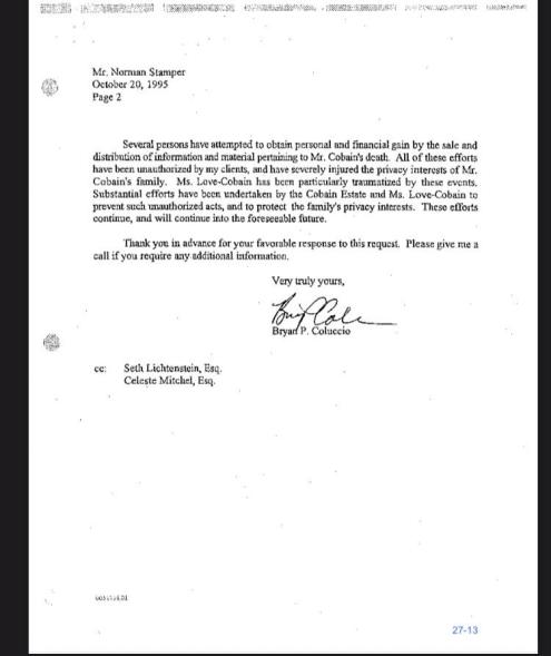 Legal letter from Bryan P. Coluccio to Mr. Norman Stamper discussing unauthorized distribution of information regarding Mr. Cobain's death.