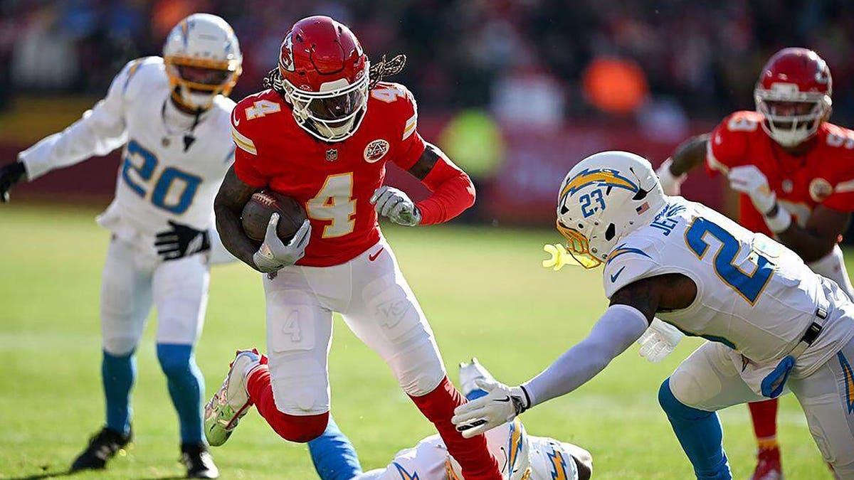 Rashee Rice runs after a catch against the Chargers at Arrowhead Stadium.