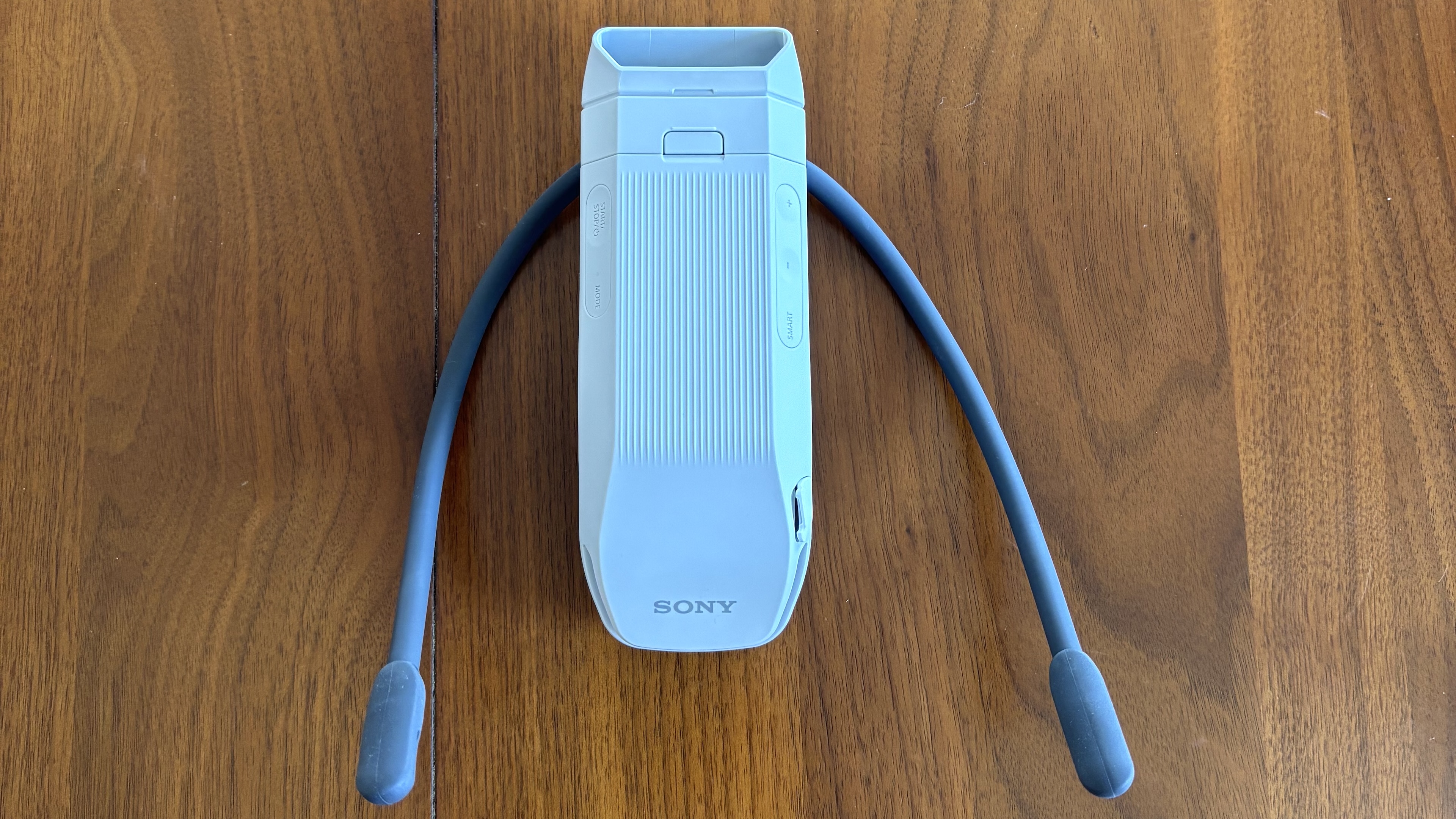 The Sony Reon Pocket Pro Plus neck device on a wood table.