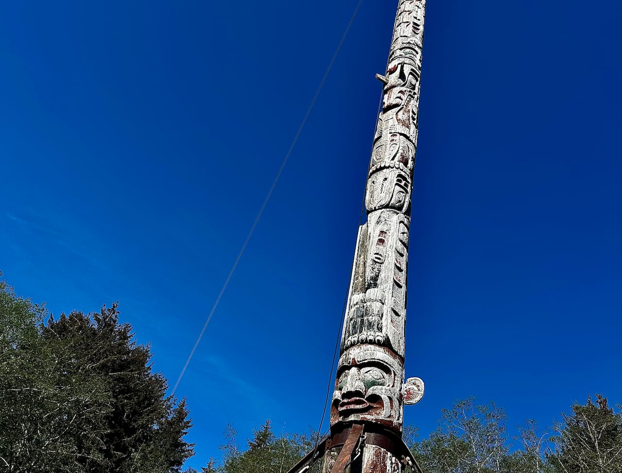 The world's largest totem pole, according to Guiness World Records, is pictured stretching into the blue sky.