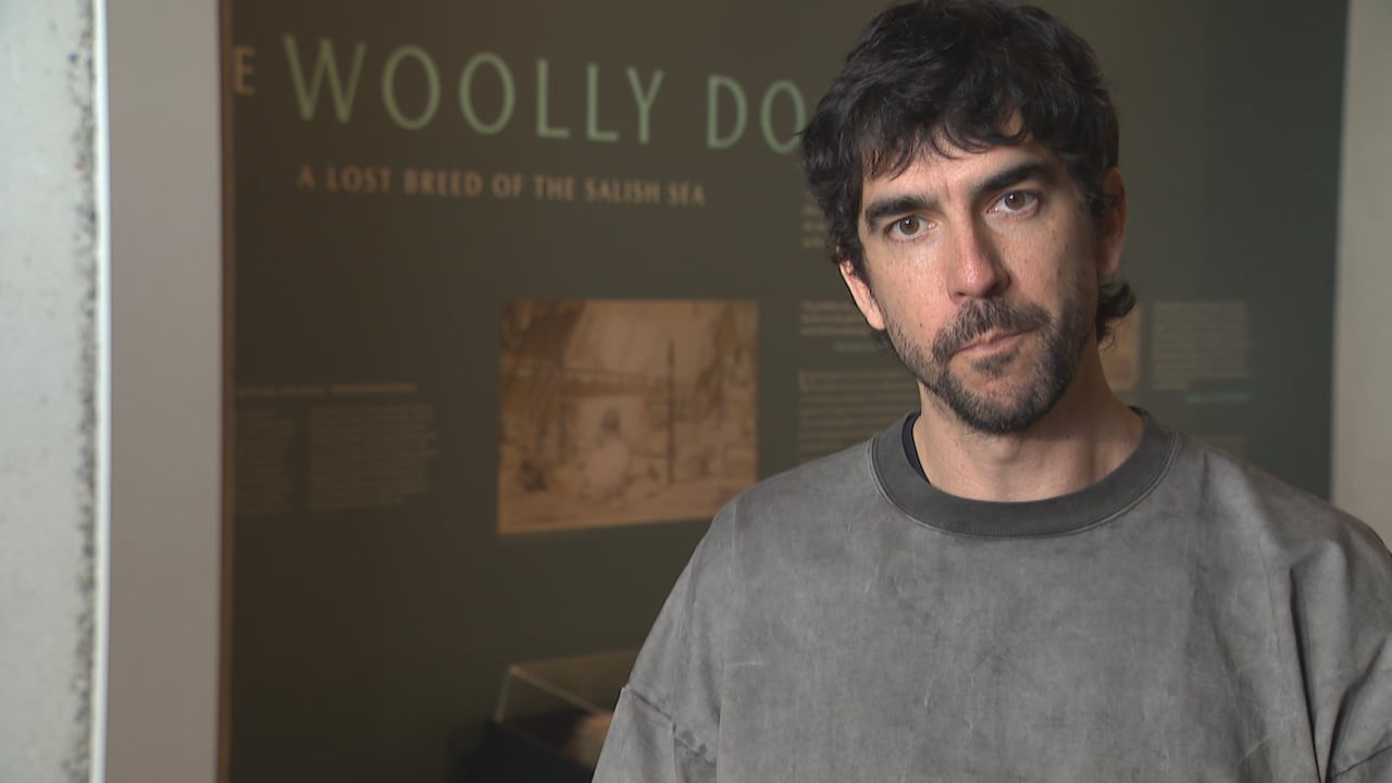 A man with dark brown hair and a short beard tilts his head to one side. Behind him is a museum wall with text about the woolly dog.