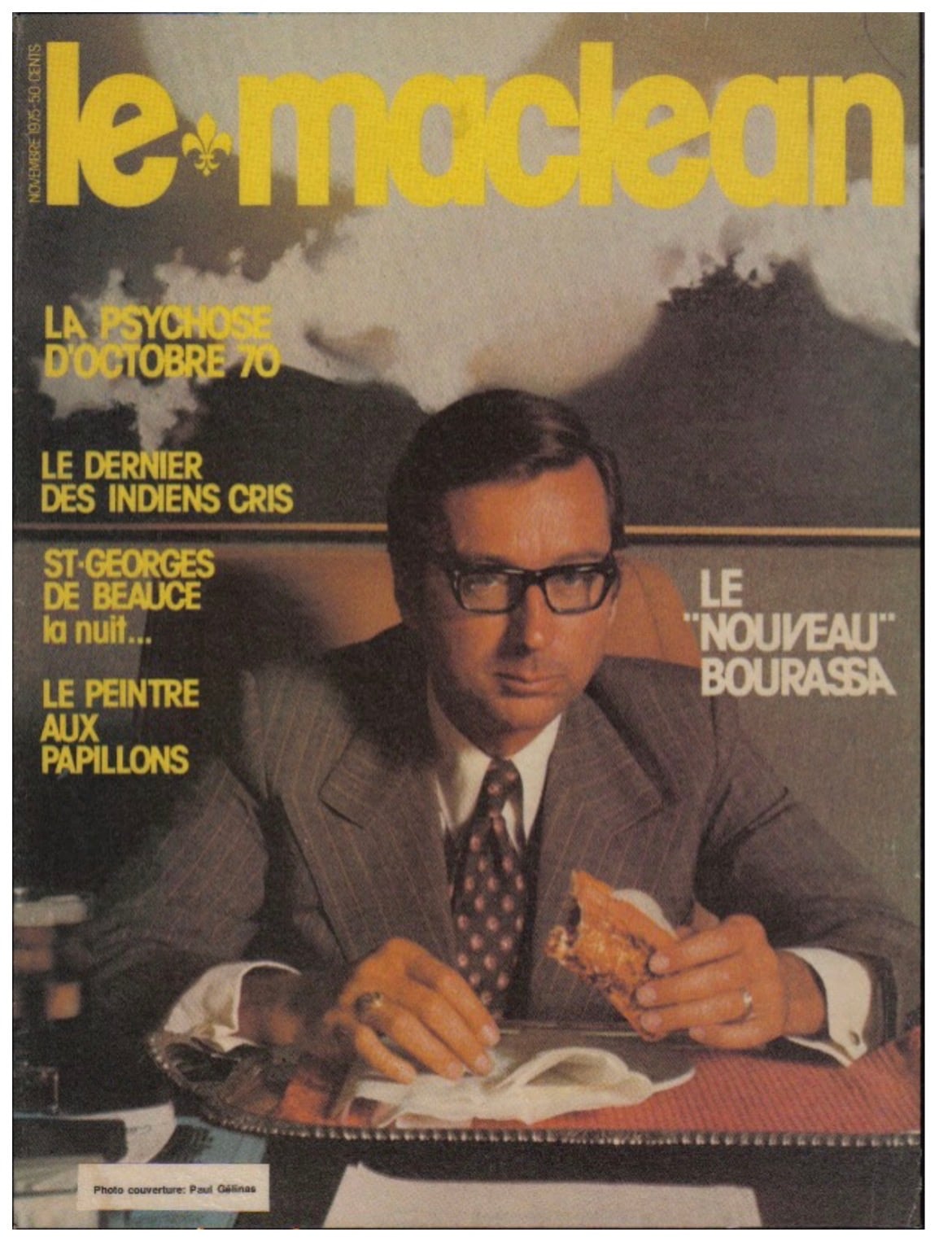 The cover of Maclean's magazine where Robert Bourassa is pictured eating a hotdog.