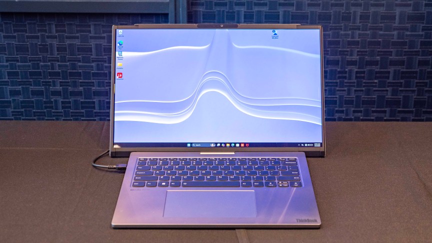 Lenovo's Project Swan rollable concept, extended to 17 inches, as seen from the front.