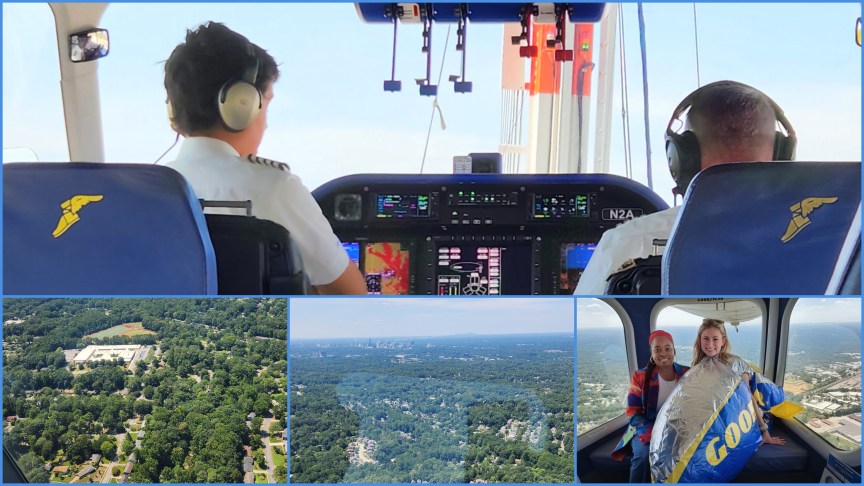 Collage of photos from inside the Goodyear Blimp, including two pilots, ground footage, and pilot Jensen Kervern in costume.